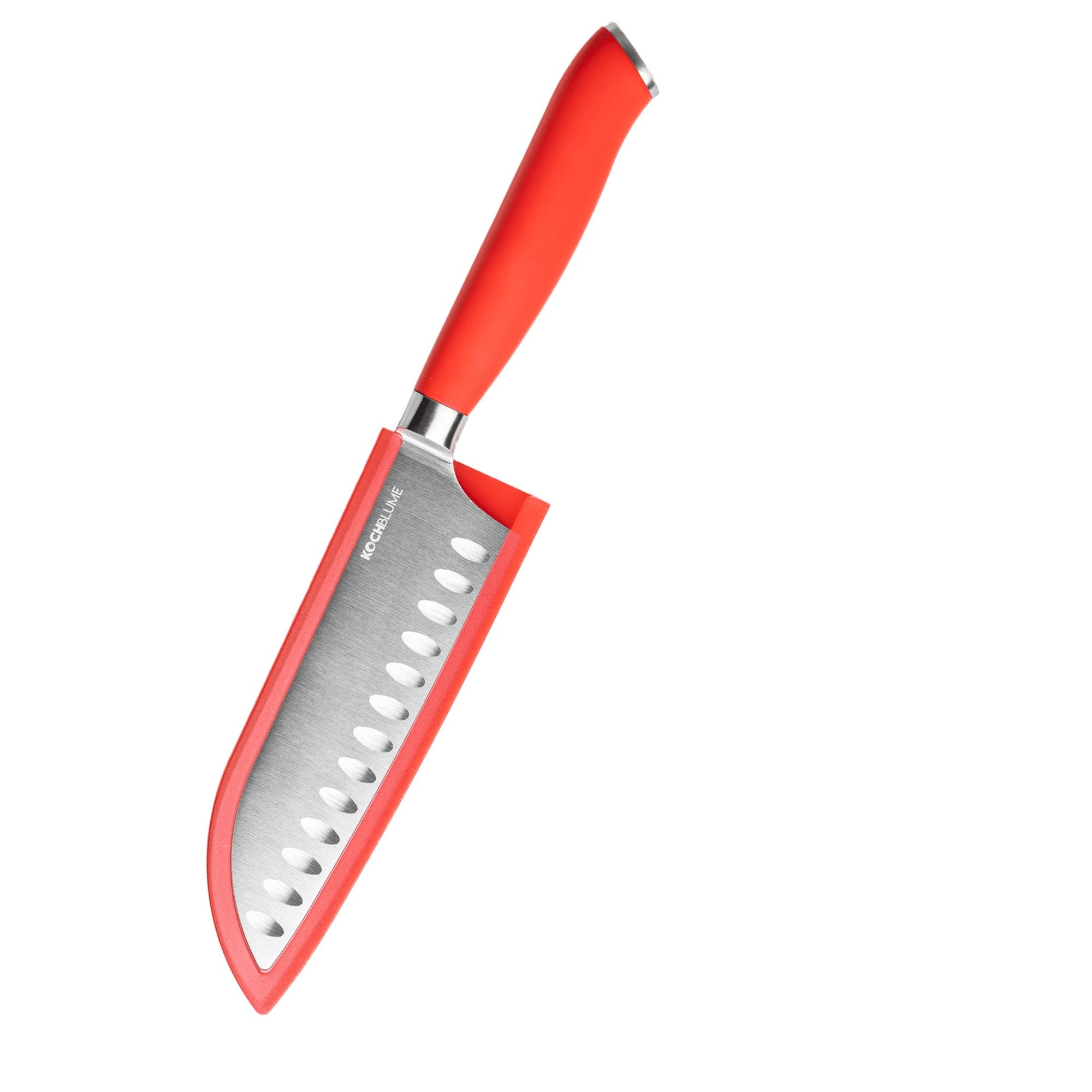 Stainless steel Santoku knife with red sheath